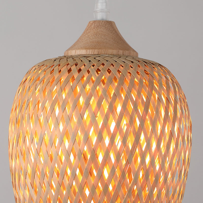 Contemporary Boho Lantern Shape Bamboo Weaving Wood 1 - Light Pendant Light For Dining Room