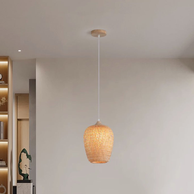 Contemporary Boho Lantern Shape Bamboo Weaving Wood 1 - Light Pendant Light For Dining Room