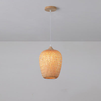 Contemporary Boho Lantern Shape Bamboo Weaving Wood 1 - Light Pendant Light For Dining Room