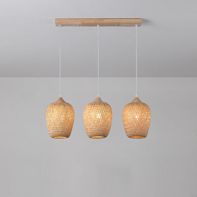 Contemporary Boho Lantern Shape Bamboo Weaving Wood 3-Light Chandelier For Living Room