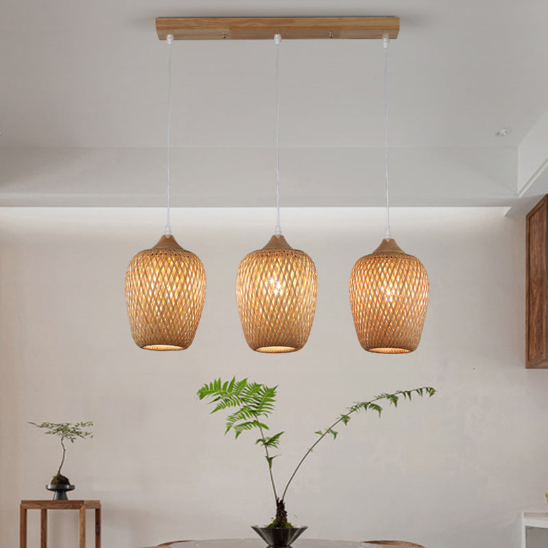 Contemporary Boho Lantern Shape Bamboo Weaving Wood 3-Light Chandelier For Living Room