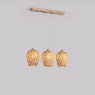 Contemporary Boho Lantern Shape Bamboo Weaving Wood 3-Light Chandelier For Living Room