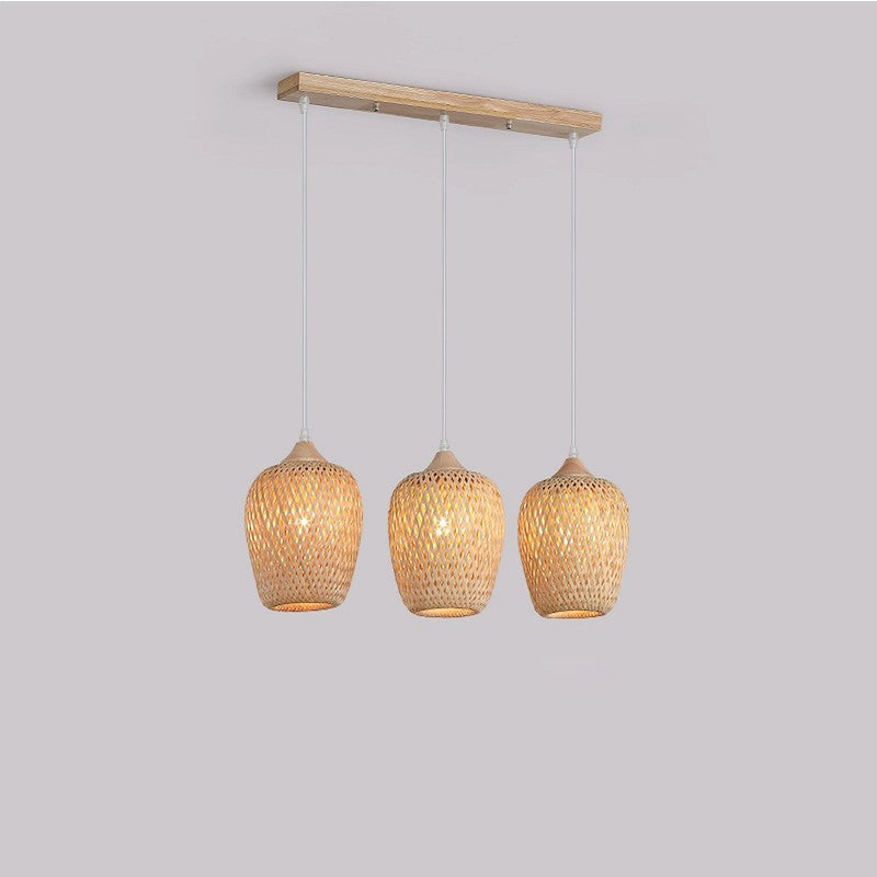 Contemporary Boho Lantern Shape Bamboo Weaving Wood 3-Light Chandelier For Living Room