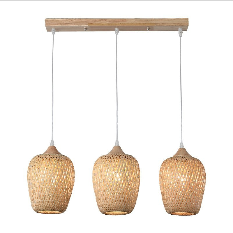 Contemporary Boho Lantern Shape Bamboo Weaving Wood 3-Light Chandelier For Living Room