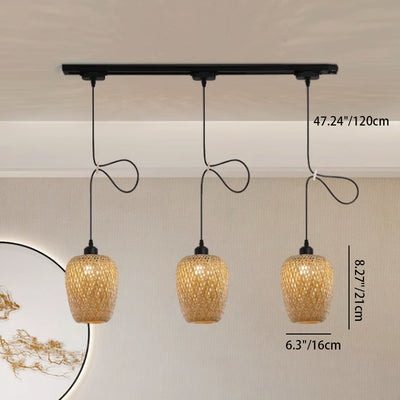 Contemporary Boho Lantern Shape Bamboo Weaving Wood 3-Light Chandelier For Living Room