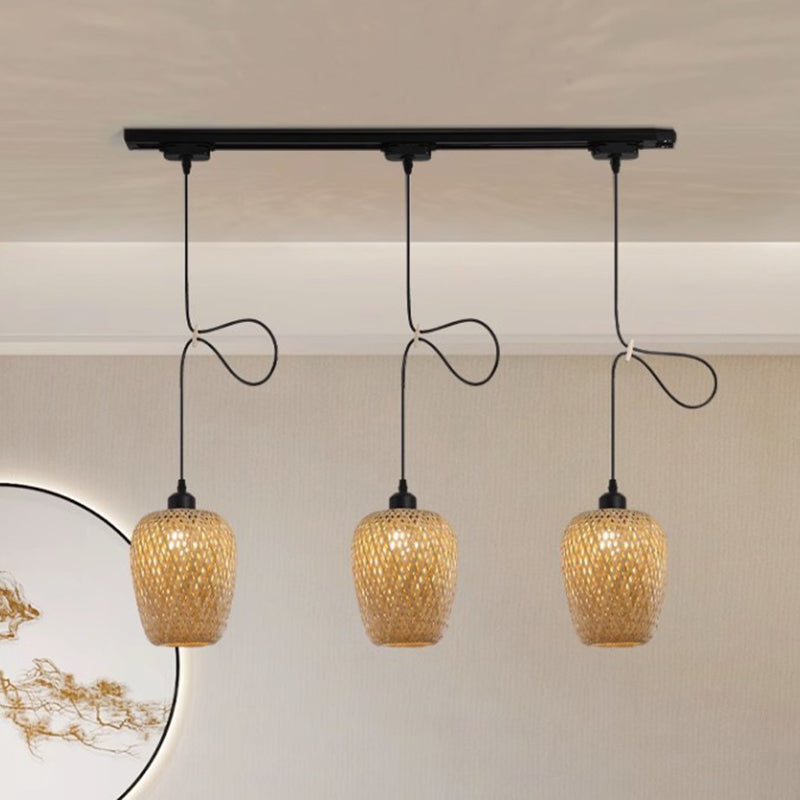 Contemporary Boho Lantern Shape Bamboo Weaving Wood 3-Light Chandelier For Living Room