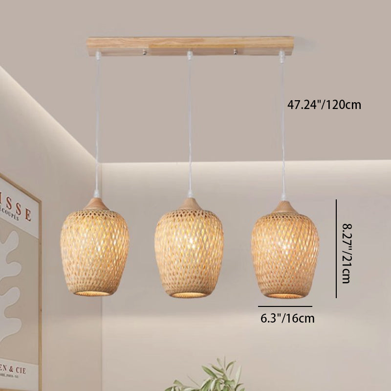 Contemporary Boho Lantern Shape Bamboo Weaving Wood 3-Light Chandelier For Living Room