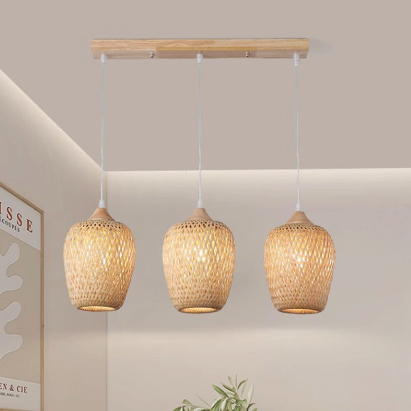 Contemporary Boho Lantern Shape Bamboo Weaving Wood 3-Light Chandelier For Living Room