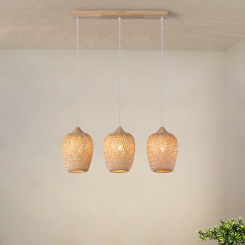 Contemporary Boho Lantern Shape Bamboo Weaving Wood 3-Light Chandelier For Living Room