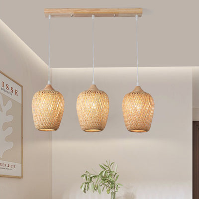 Contemporary Boho Lantern Shape Bamboo Weaving Wood 3-Light Chandelier For Living Room