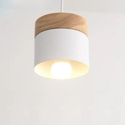 Modern Minimalist Wood Iron Round Cylinder 1-Light Pendant Light For Living Room