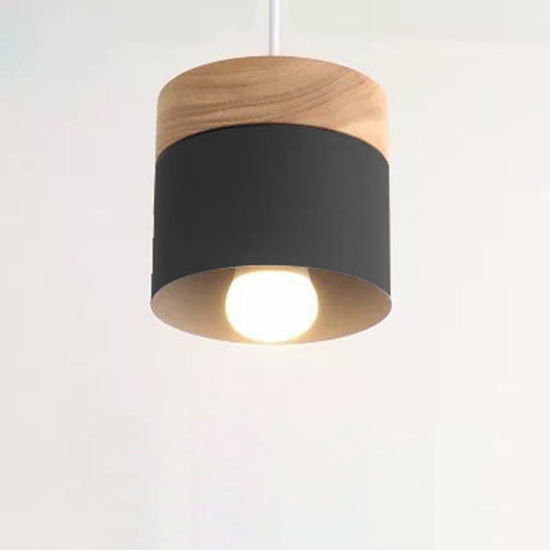 Modern Minimalist Wood Iron Round Cylinder 1-Light Pendant Light For Living Room