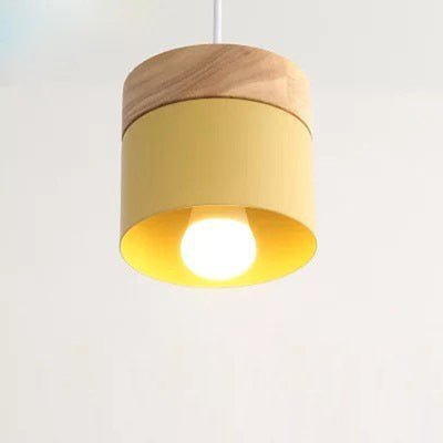 Modern Minimalist Wood Iron Round Cylinder 1-Light Pendant Light For Living Room