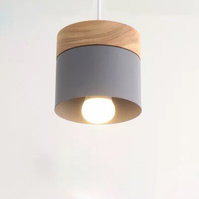 Modern Minimalist Wood Iron Round Cylinder 1-Light Pendant Light For Living Room