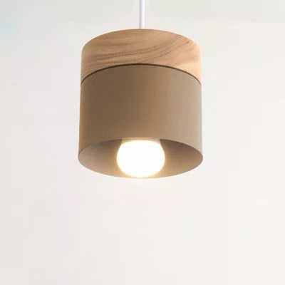 Modern Minimalist Wood Iron Round Cylinder 1-Light Pendant Light For Living Room