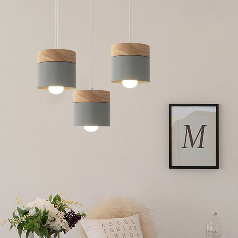 Modern Minimalist Wood Iron Round Cylinder 1-Light Pendant Light For Living Room