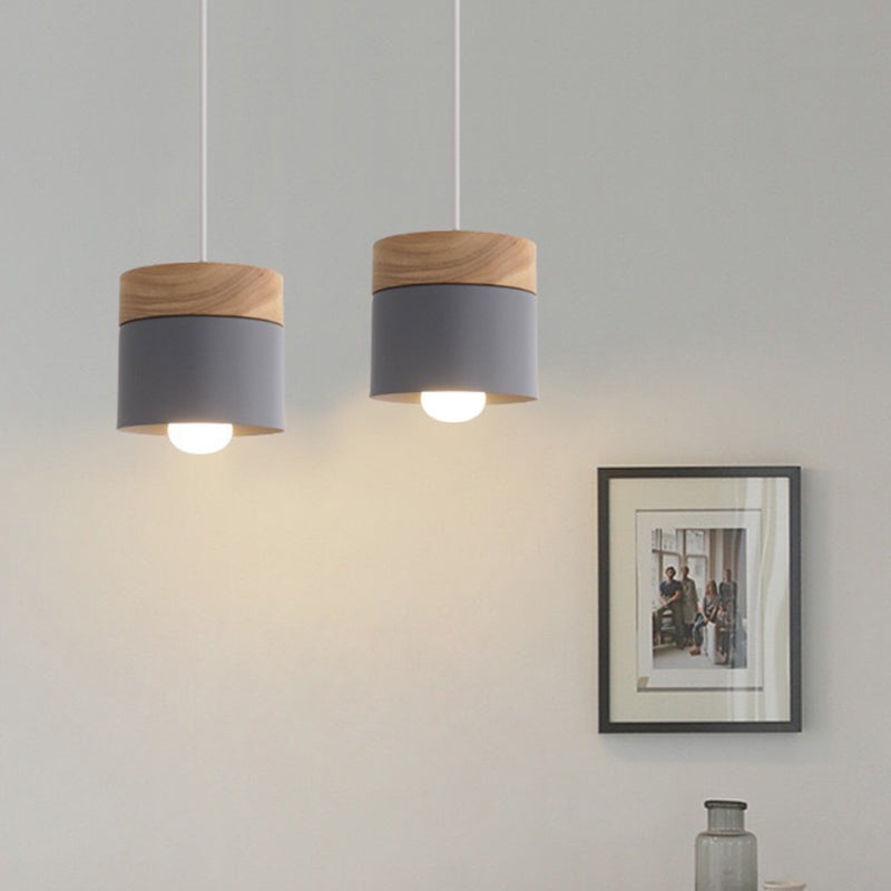 Modern Minimalist Wood Iron Round Cylinder 1-Light Pendant Light For Living Room