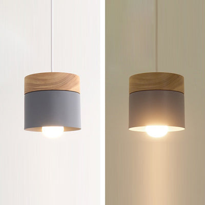 Modern Minimalist Wood Iron Round Cylinder 1-Light Pendant Light For Living Room