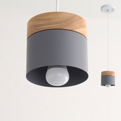 Modern Minimalist Wood Iron Round Cylinder 1-Light Pendant Light For Living Room