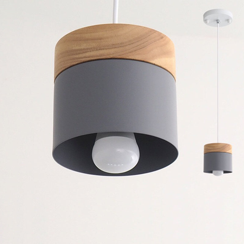 Modern Minimalist Wood Iron Round Cylinder 1-Light Pendant Light For Living Room