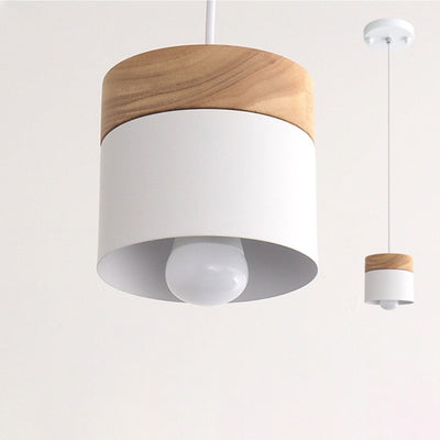 Modern Minimalist Wood Iron Round Cylinder 1-Light Pendant Light For Living Room