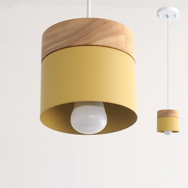 Modern Minimalist Wood Iron Round Cylinder 1-Light Pendant Light For Living Room