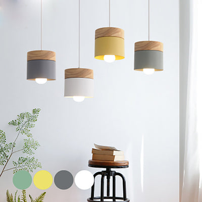 Modern Minimalist Wood Iron Round Cylinder 1-Light Pendant Light For Living Room