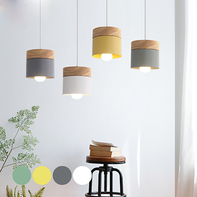 Modern Minimalist Wood Iron Round Cylinder 1-Light Pendant Light For Living Room