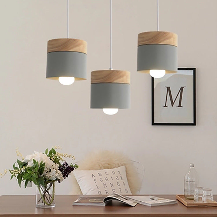 Modern Minimalist Wood Iron Round Cylinder 1-Light Pendant Light For Living Room