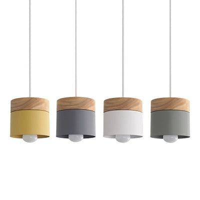 Modern Minimalist Wood Iron Round Cylinder 1-Light Pendant Light For Living Room