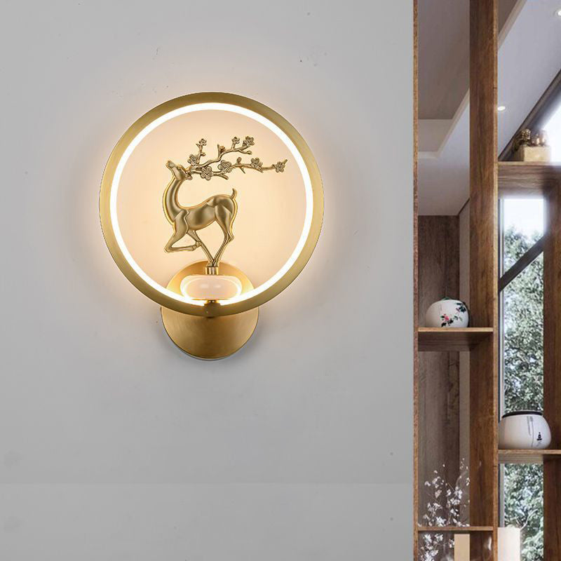 Traditional Chinese Round Plum Blossom Orchid Fortune Bamboo Chrysanthemum Deer Brass Silicone LED Wall Sconce Lamp For Bedroom