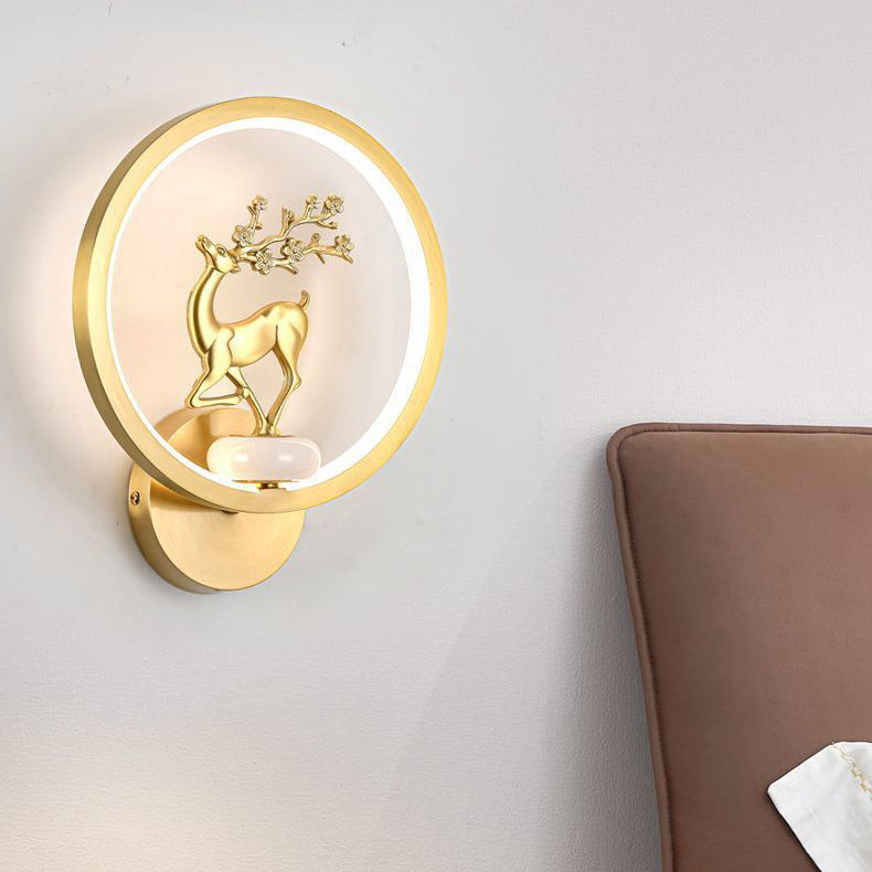 Traditional Chinese Round Plum Blossom Orchid Fortune Bamboo Chrysanthemum Deer Brass Silicone LED Wall Sconce Lamp For Bedroom