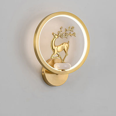 Traditional Chinese Round Plum Blossom Orchid Fortune Bamboo Chrysanthemum Deer Brass Silicone LED Wall Sconce Lamp For Bedroom