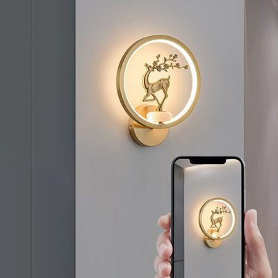 Traditional Chinese Round Plum Blossom Orchid Fortune Bamboo Chrysanthemum Deer Brass Silicone LED Wall Sconce Lamp For Bedroom