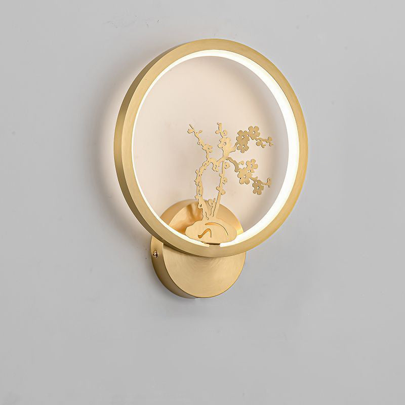 Traditional Chinese Round Plum Blossom Orchid Fortune Bamboo Chrysanthemum Deer Brass Silicone LED Wall Sconce Lamp For Bedroom