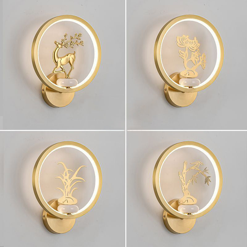 Traditional Chinese Round Plum Blossom Orchid Fortune Bamboo Chrysanthemum Deer Brass Silicone LED Wall Sconce Lamp For Bedroom