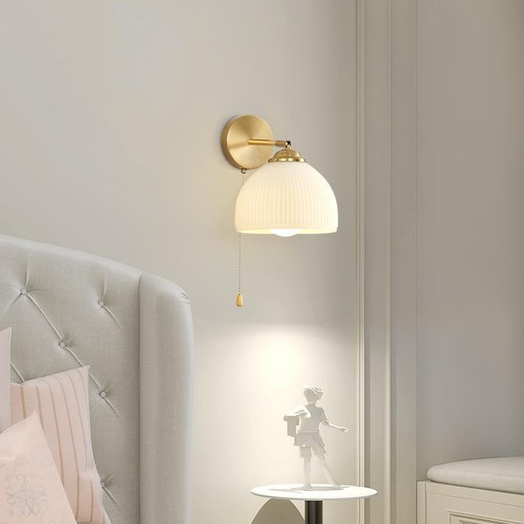 Traditional French Pull Switch Rotatable Dome Half Pleated Glass Shade Iron 1-Light Wall Sconce Lamp For Living Room