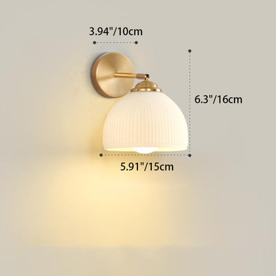 Traditional French Pull Switch Rotatable Dome Half Pleated Glass Shade Iron 1-Light Wall Sconce Lamp For Living Room