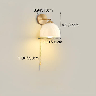 Traditional French Pull Switch Rotatable Dome Half Pleated Glass Shade Iron 1-Light Wall Sconce Lamp For Living Room