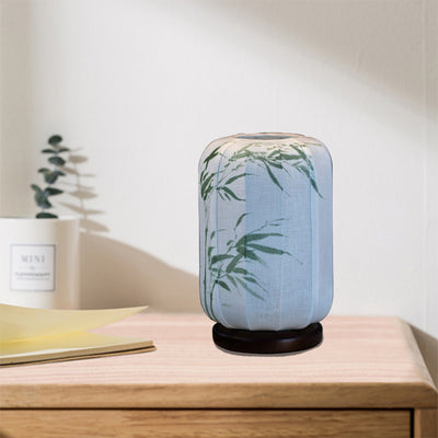 Traditional Chinese Wood Cotton Hemp Cylinder Hand Painted Bamboo Leaf 1-Light Table Lamp For Bedroom