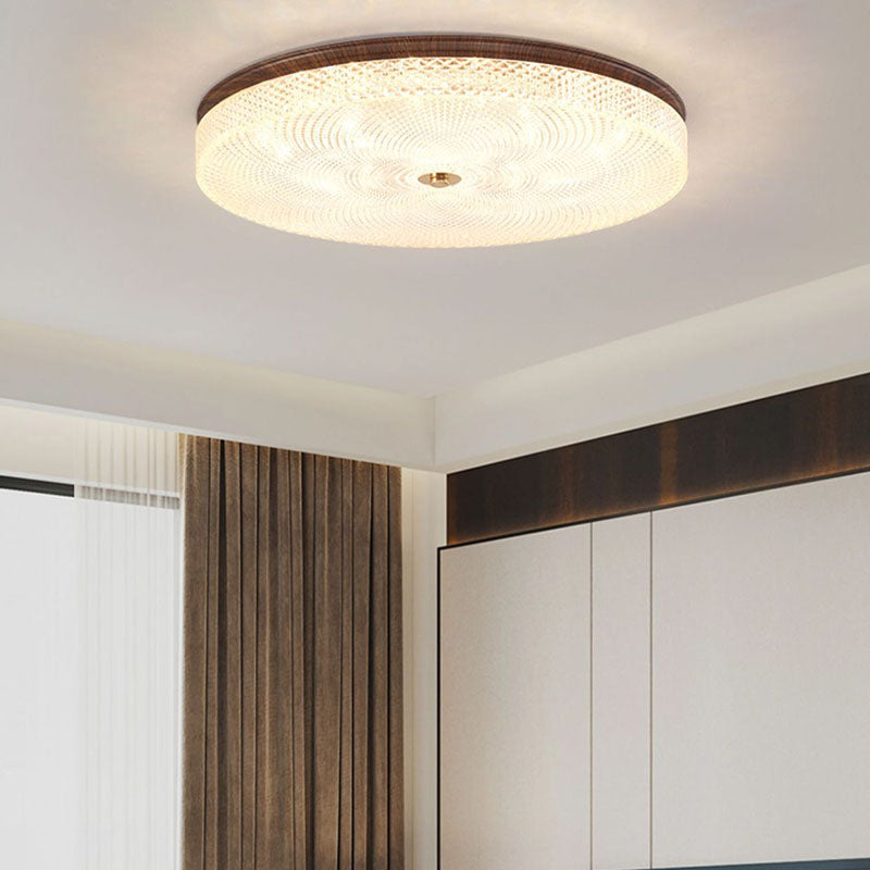 Traditional Chinese Iron Acrylic Round Wood Grain LED Flush Mount Ceiling Light For Living Room