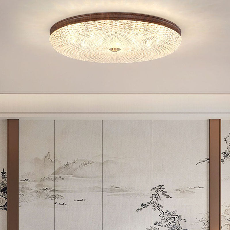 Traditional Chinese Iron Acrylic Round Wood Grain LED Flush Mount Ceiling Light For Living Room