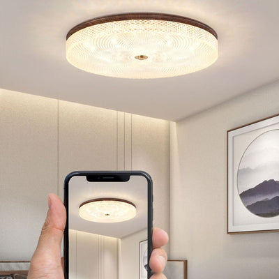 Traditional Chinese Iron Acrylic Round Wood Grain LED Flush Mount Ceiling Light For Living Room