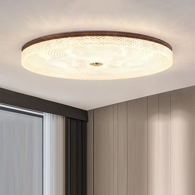 Traditional Chinese Iron Acrylic Round Wood Grain LED Flush Mount Ceiling Light For Living Room