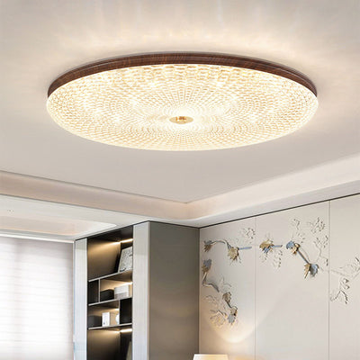 Traditional Chinese Iron Acrylic Round Wood Grain LED Flush Mount Ceiling Light For Living Room