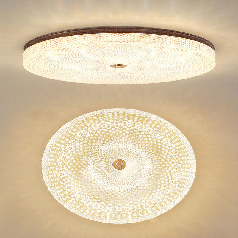 Traditional Chinese Iron Acrylic Round Wood Grain LED Flush Mount Ceiling Light For Living Room