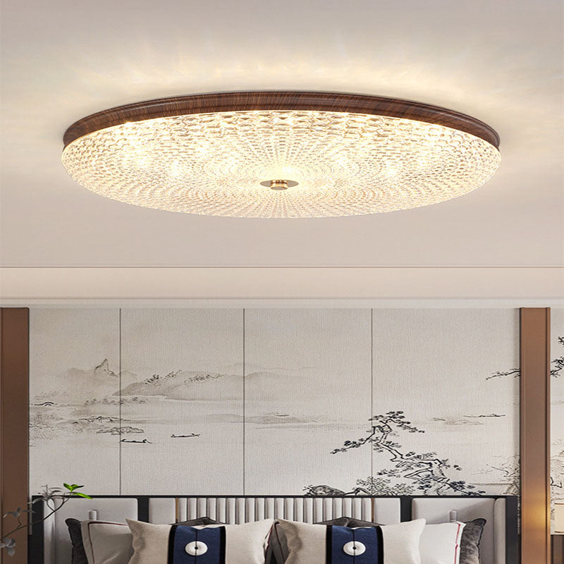 Traditional Chinese Iron Acrylic Round Wood Grain LED Flush Mount Ceiling Light For Living Room