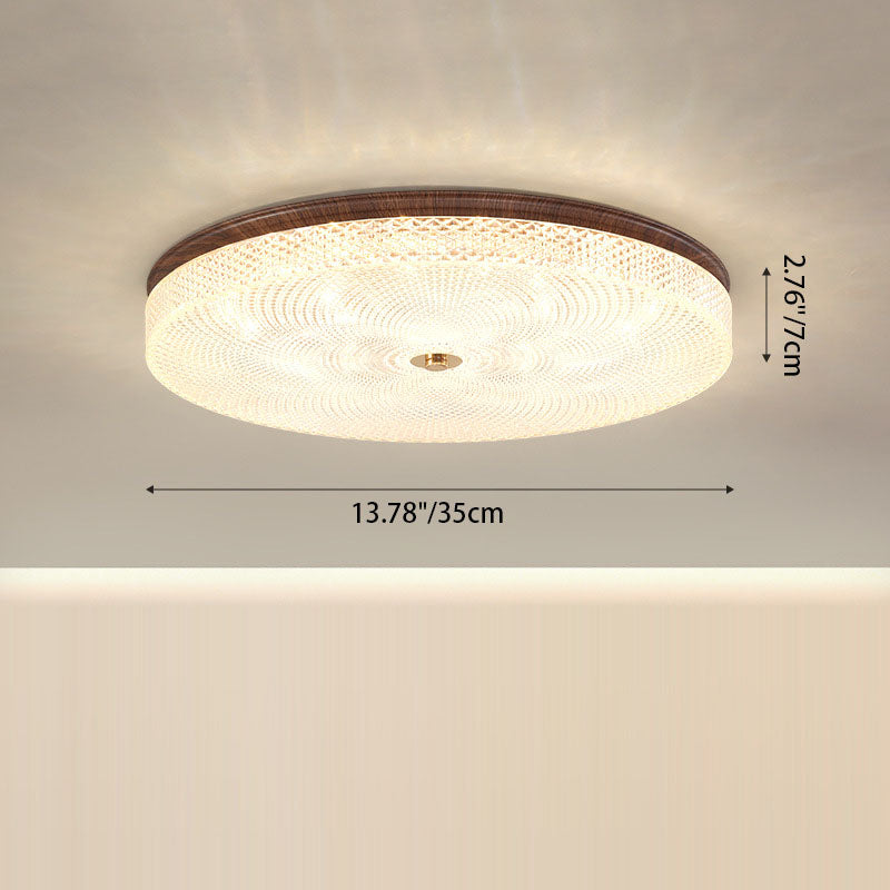 Traditional Chinese Iron Acrylic Round Wood Grain LED Flush Mount Ceiling Light For Living Room