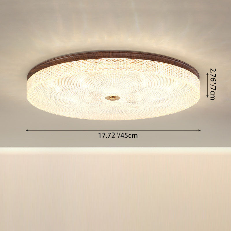 Traditional Chinese Iron Acrylic Round Wood Grain LED Flush Mount Ceiling Light For Living Room