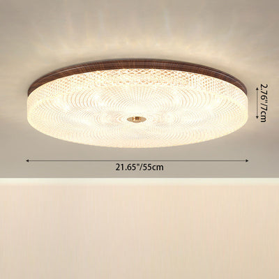 Traditional Chinese Iron Acrylic Round Wood Grain LED Flush Mount Ceiling Light For Living Room